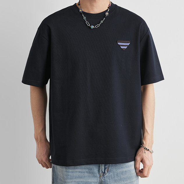 輕熟風三角貼標T恤男夏季重磅220g棉紡圓領寬鬆舒適透氣短袖