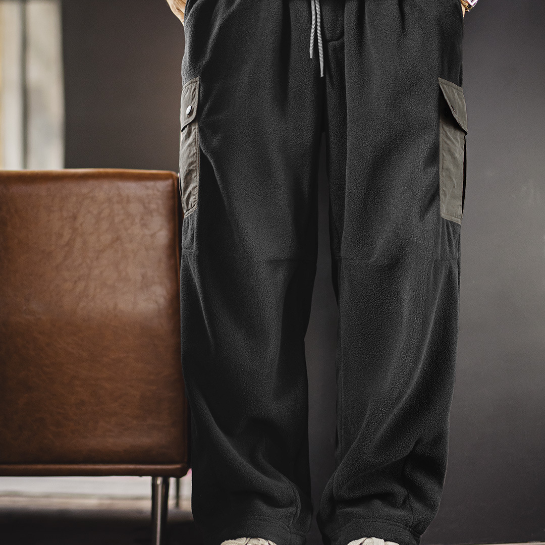 美式復古雙面搖粒絨衛褲束腳保暖黑色多口袋休閒褲子男冬