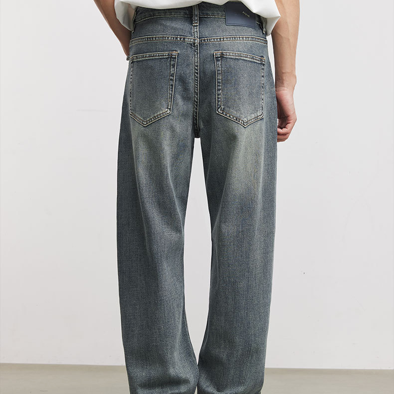 做舊水洗割破牛仔褲男夏季美式復古漸變垂感寬鬆直筒闊腿褲