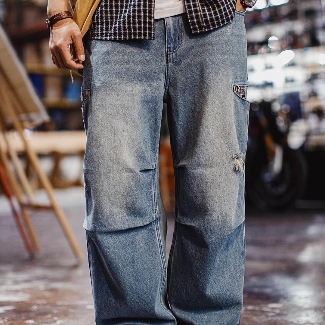美式復古闊腿寬鬆傘兵牛仔褲古布水洗破洞薄款休閒褲男春