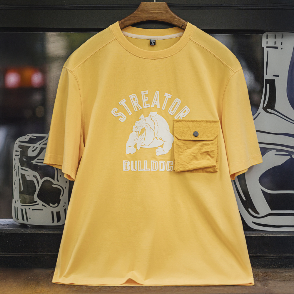 美式植絨印花T恤寬鬆落肩袖薑黃色螺紋領口垂感口袋短袖