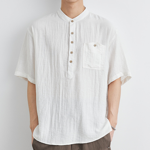 老錢風亨利領短袖襯衫男夏季2025新款日系復古寬鬆休閒襯衣薄