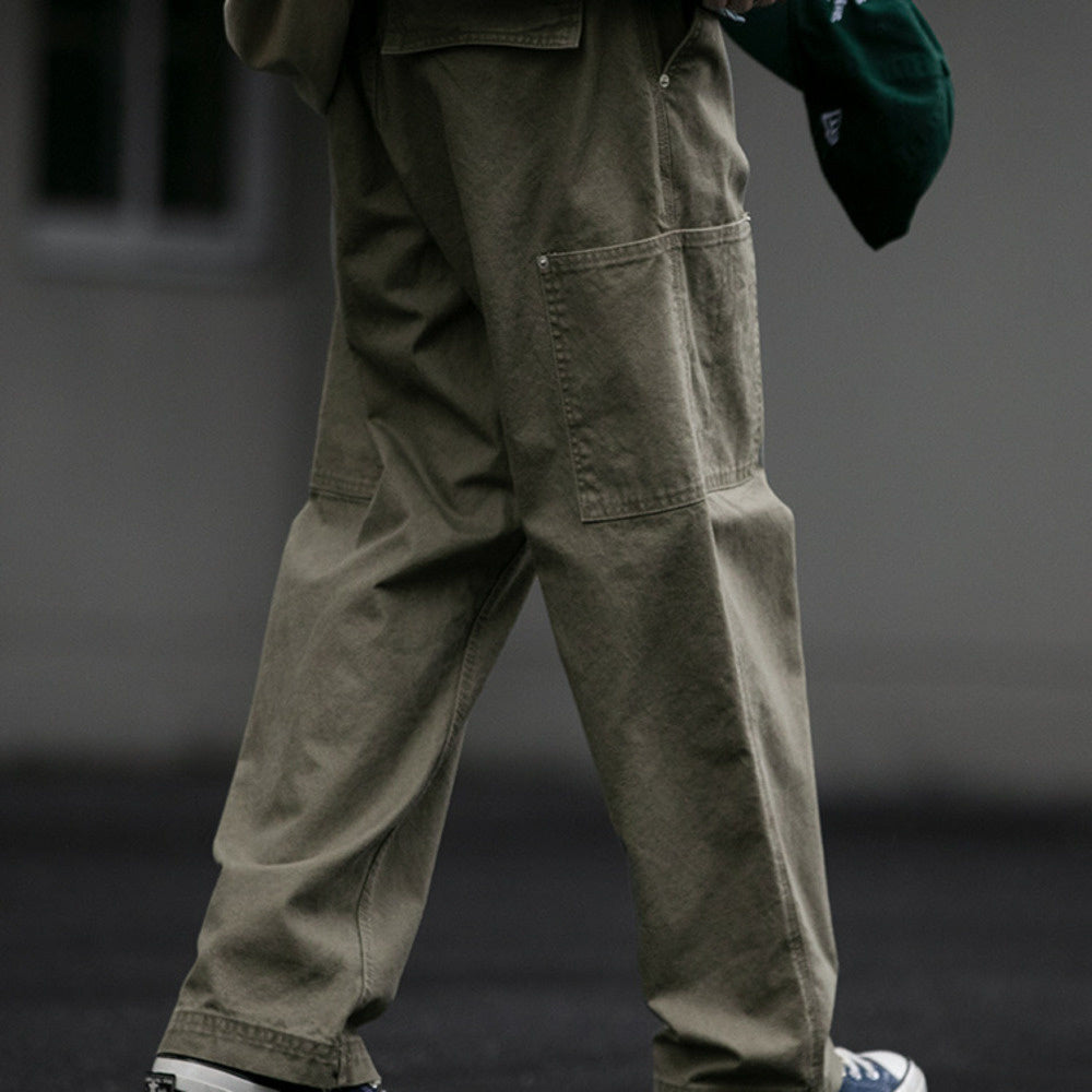 秋冬360g水洗做舊工裝褲男潮牌寬松伐木褲純棉百搭直筒長褲潮