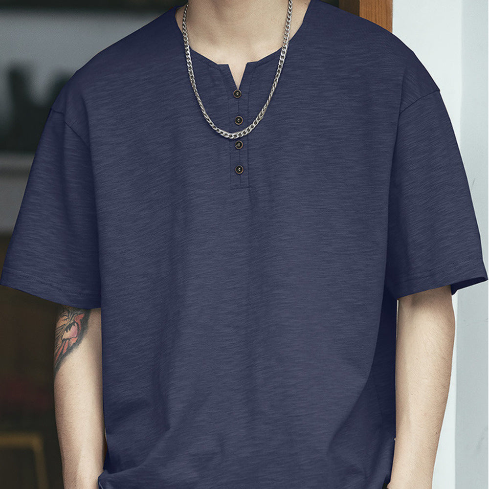 復古亨利領竹節棉短袖t恤男夏季寬松大碼半袖百搭體恤