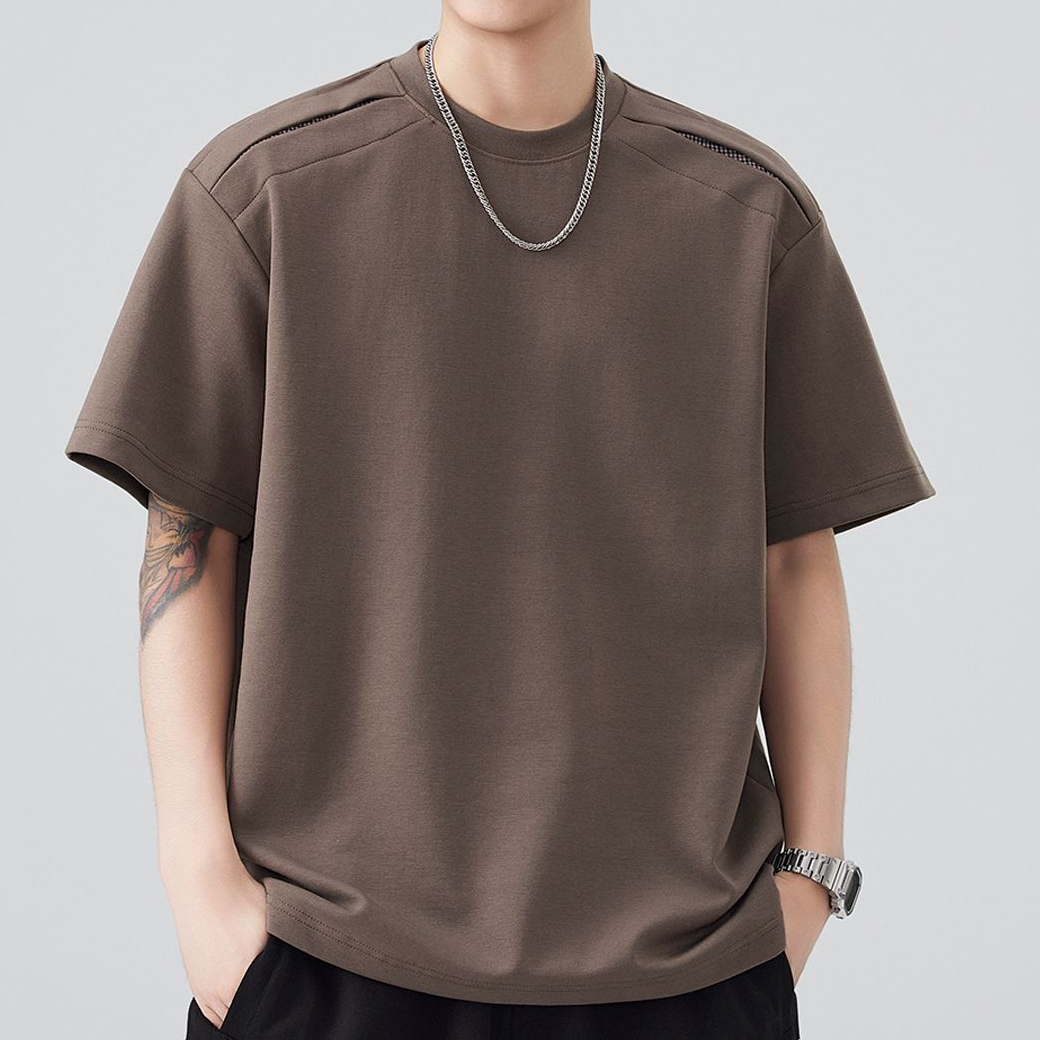 重磅270g拼接明線裝飾T恤男夏季圓領格紋微闊潮流通勤短袖