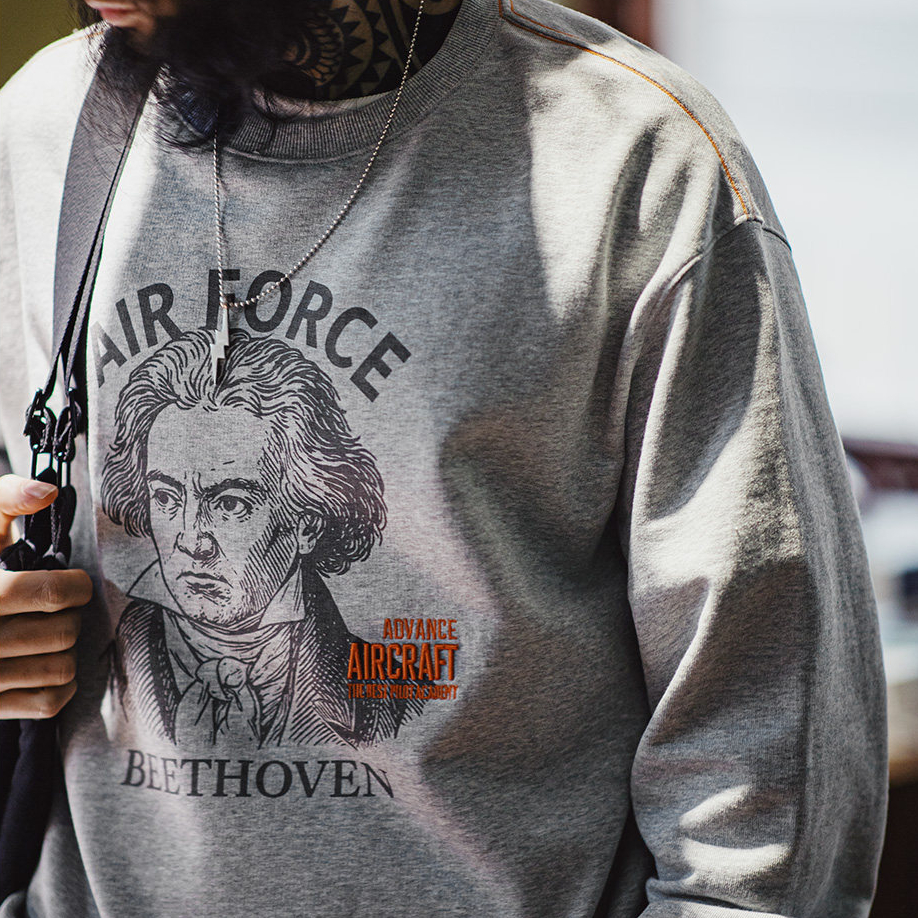 美式灰色卷邊全純棉衛衣寬鬆套頭印花刺繡長袖T恤男款春