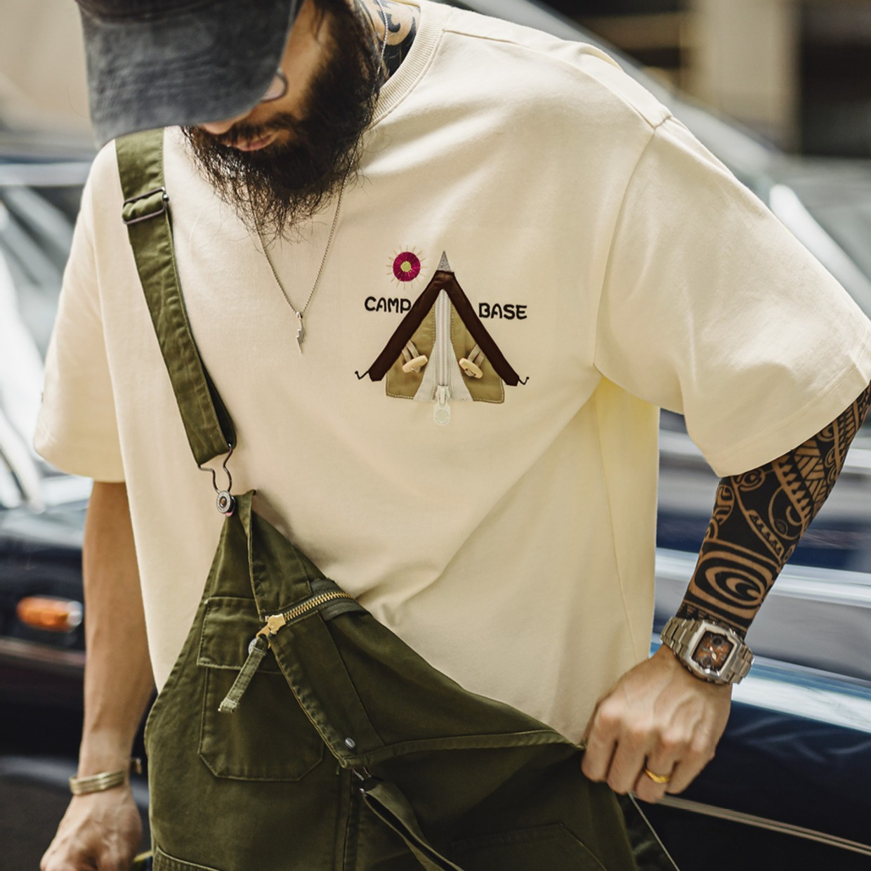 美式創意刺繡T恤米白色純棉重磅半袖螺紋領口短袖男夏季