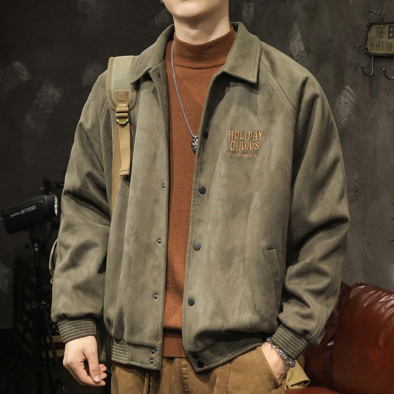 灰綠色鹿皮絨翻領棒球服男士寬松春秋款潮牌380g美式夾克外套