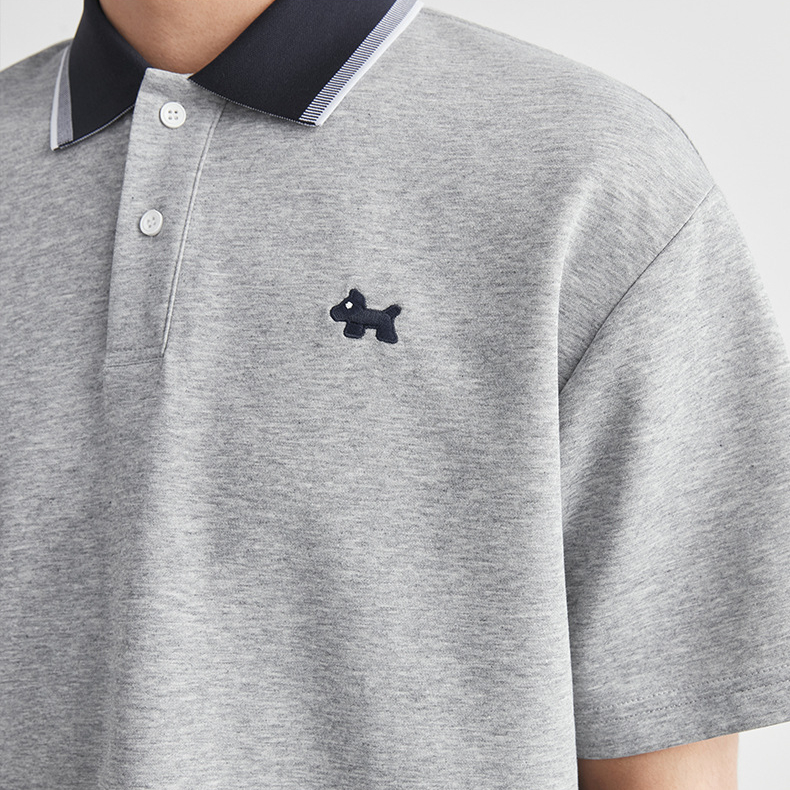 撞色領小狗刺繡Polo衫男夏季翻領寬鬆落肩短袖休閒通勤T恤