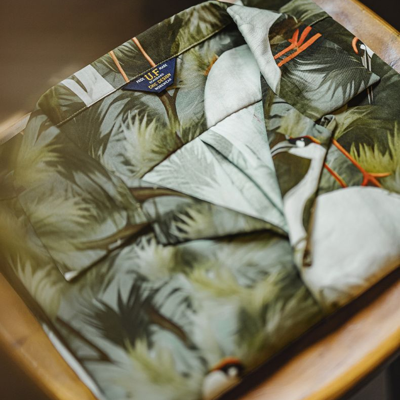 復古港風仙鶴花襯衫古巴領浮世繪天絲夏威夷短袖襯衣男夏