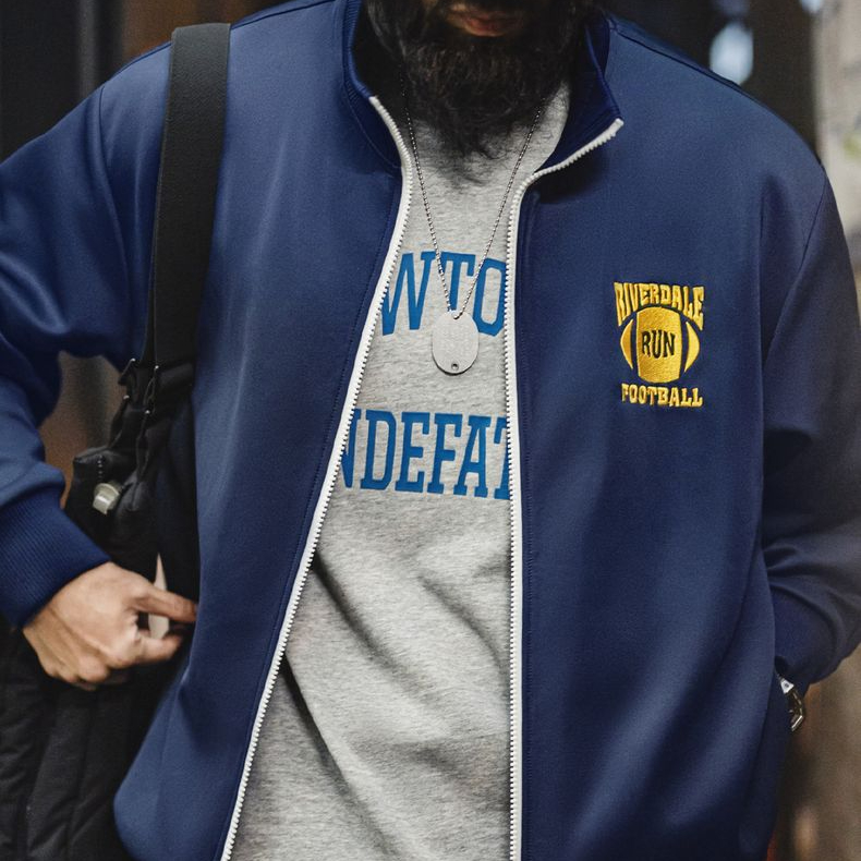 美式休閒學院風撞色刺繡夾克空氣層立領寬鬆開衫衛衣男春