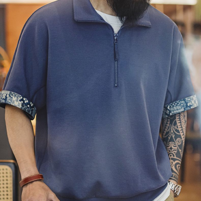 美式復古boro風半開襟polo古布印花寬鬆休閒翻領T恤男夏