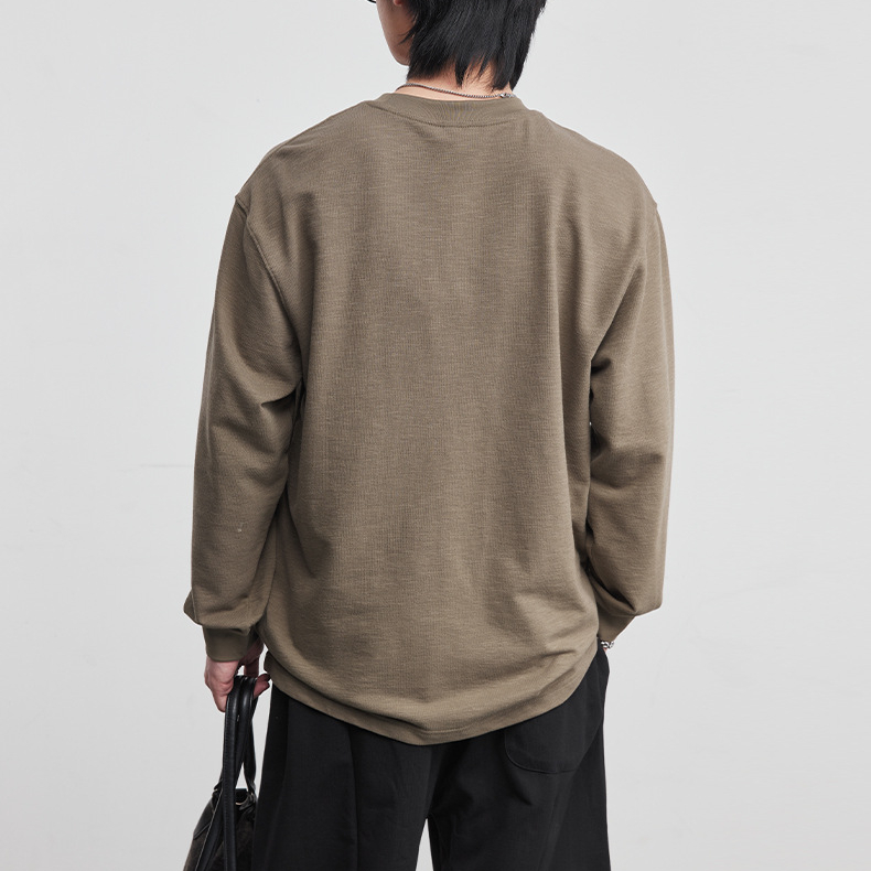 棉紡長袖T恤簡約字母刺繡打底衫2026春季男圓領內搭純色上衣