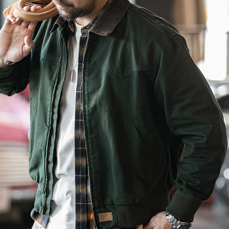 美式復古重磅聖達菲帆布夾克水洗純棉翻領短款外套男秋季