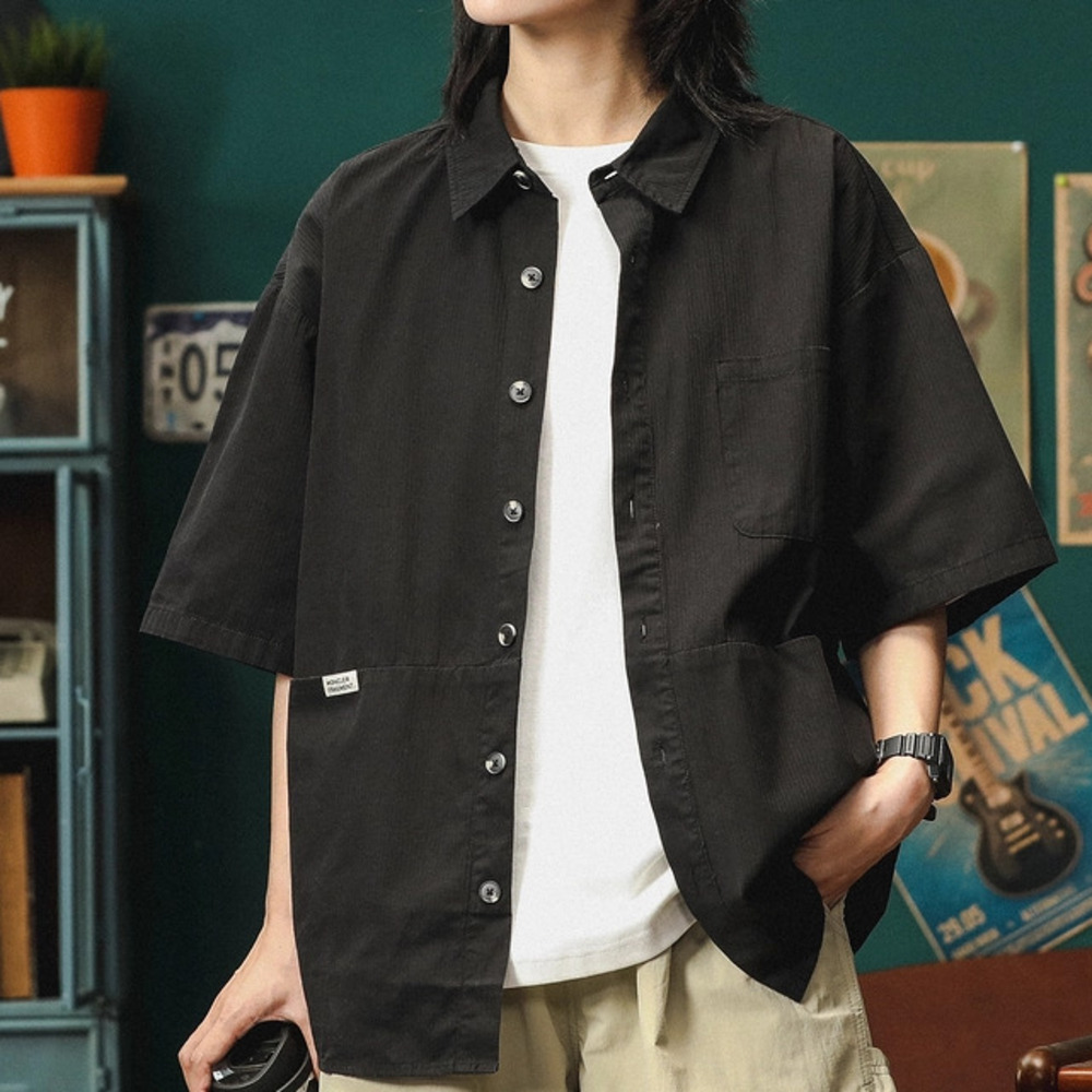 工裝短袖襯衫男寬松肌理感襯衣夏季美式高街潮牌上衣外套