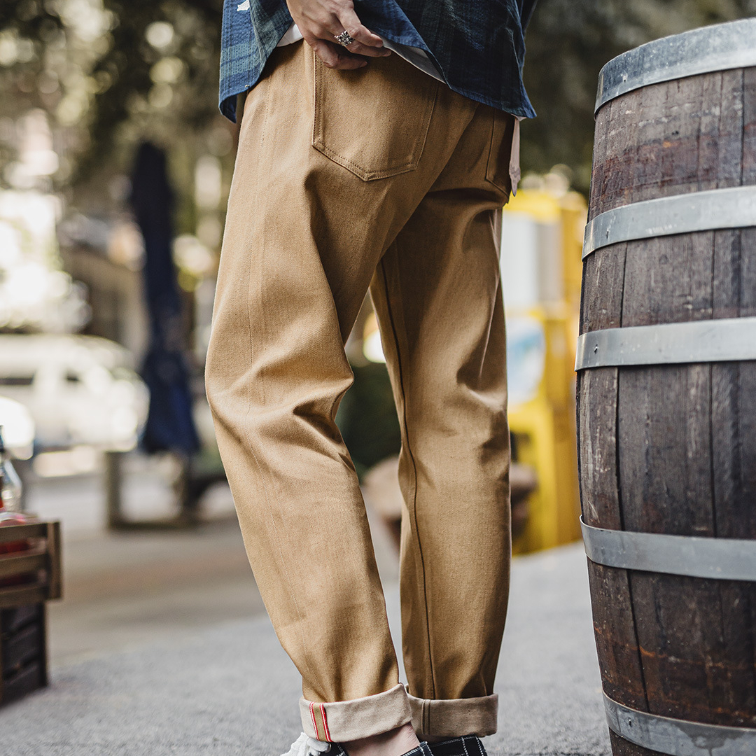 美式復古西部牛仔褲卡其棕色直筒黃石赤耳原牛休閒褲男秋