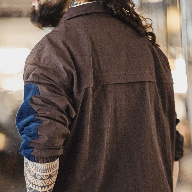 美式復古拼接半拉鍊夾克翻領撞色戶外燈芯絨褶皺衛衣男春