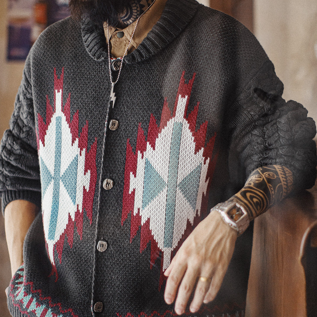 美式復古考津毛衣外套印第安青果領開衫針織毛衫男秋冬