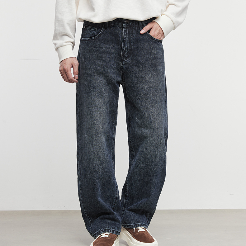 復古做舊寬鬆街廓直筒牛仔褲男秋冬休閒闊腿休閒牛仔長褲