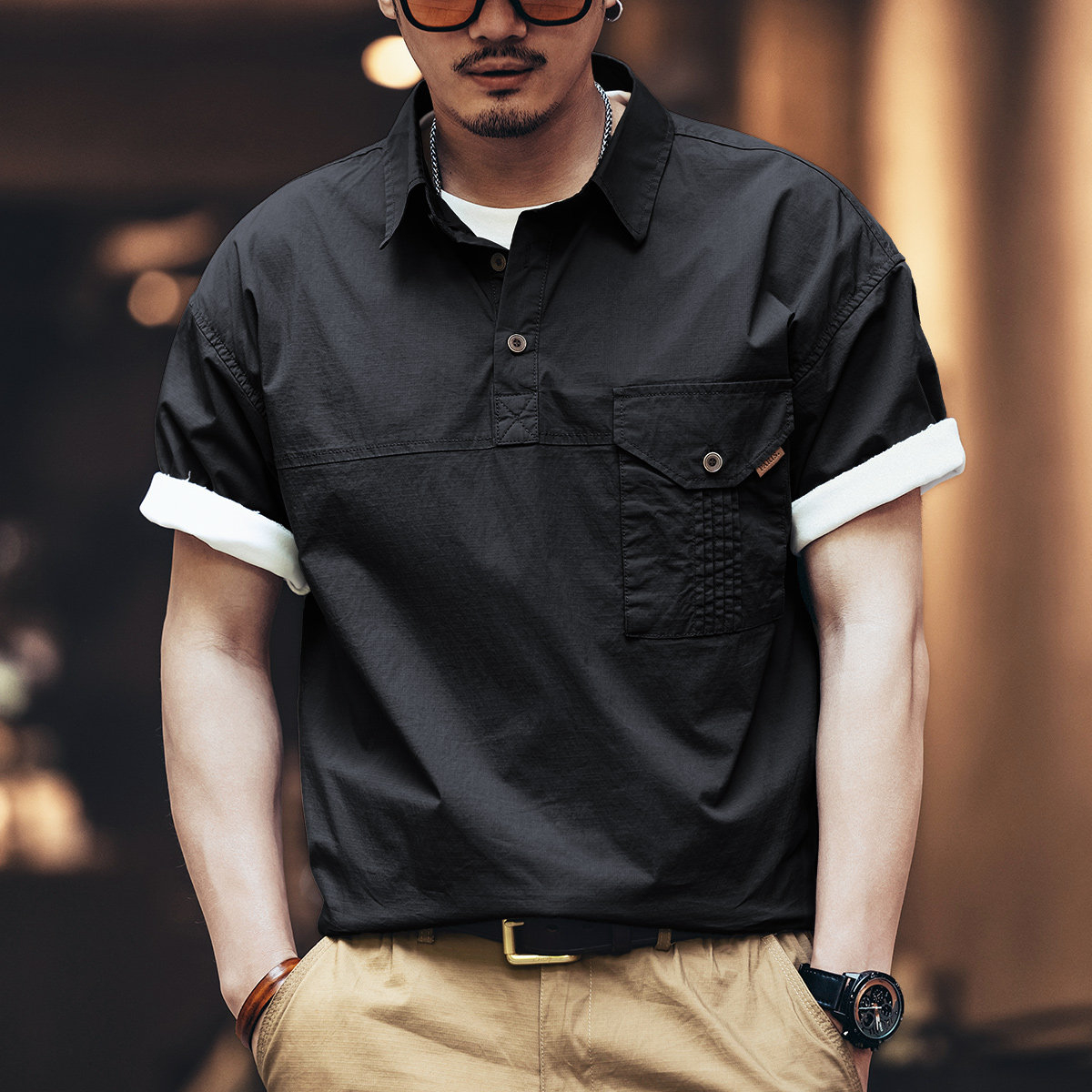 高端復古工裝短袖Polo衫男2026年夏季寬鬆潮牌襯衫半袖t恤