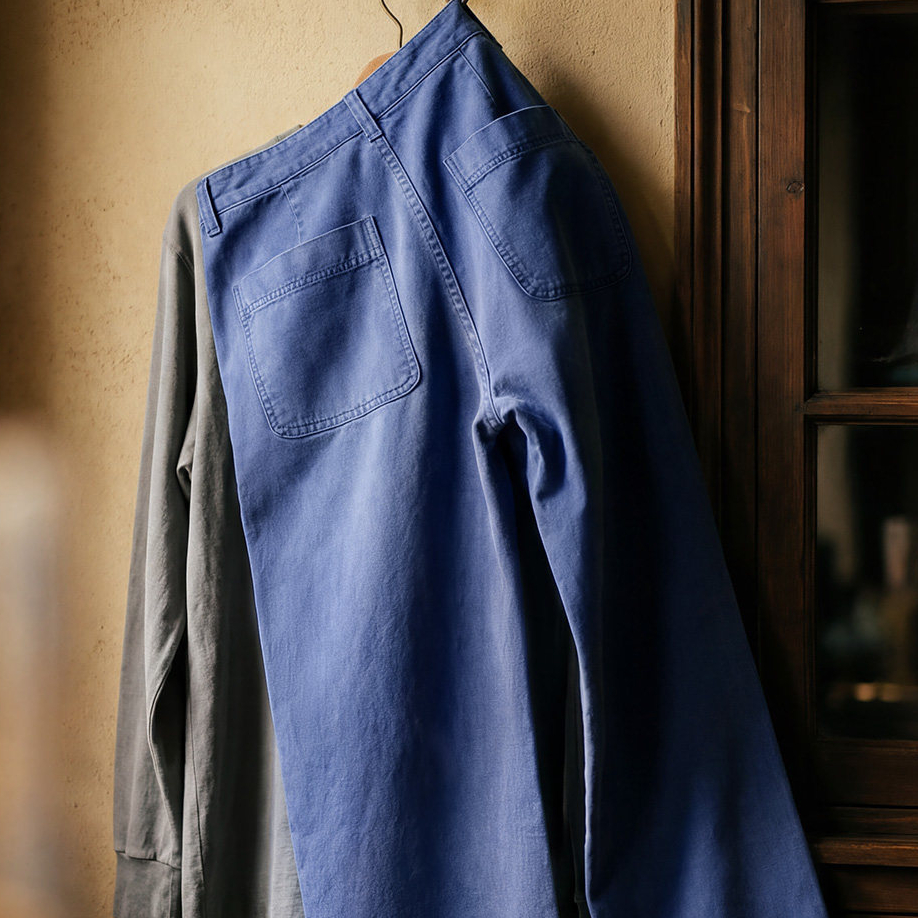 法式復古工裝褲藍色vintage水洗帆布寬鬆直筒休閒褲男春
