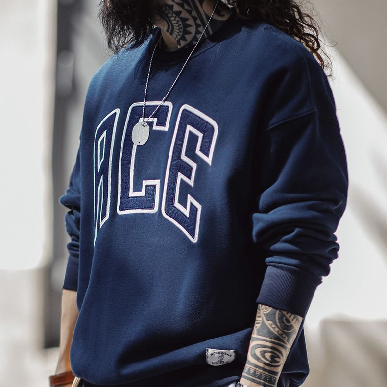美式休閒字母刺繡衛衣學院風加厚加絨保暖圓領上衣男秋冬