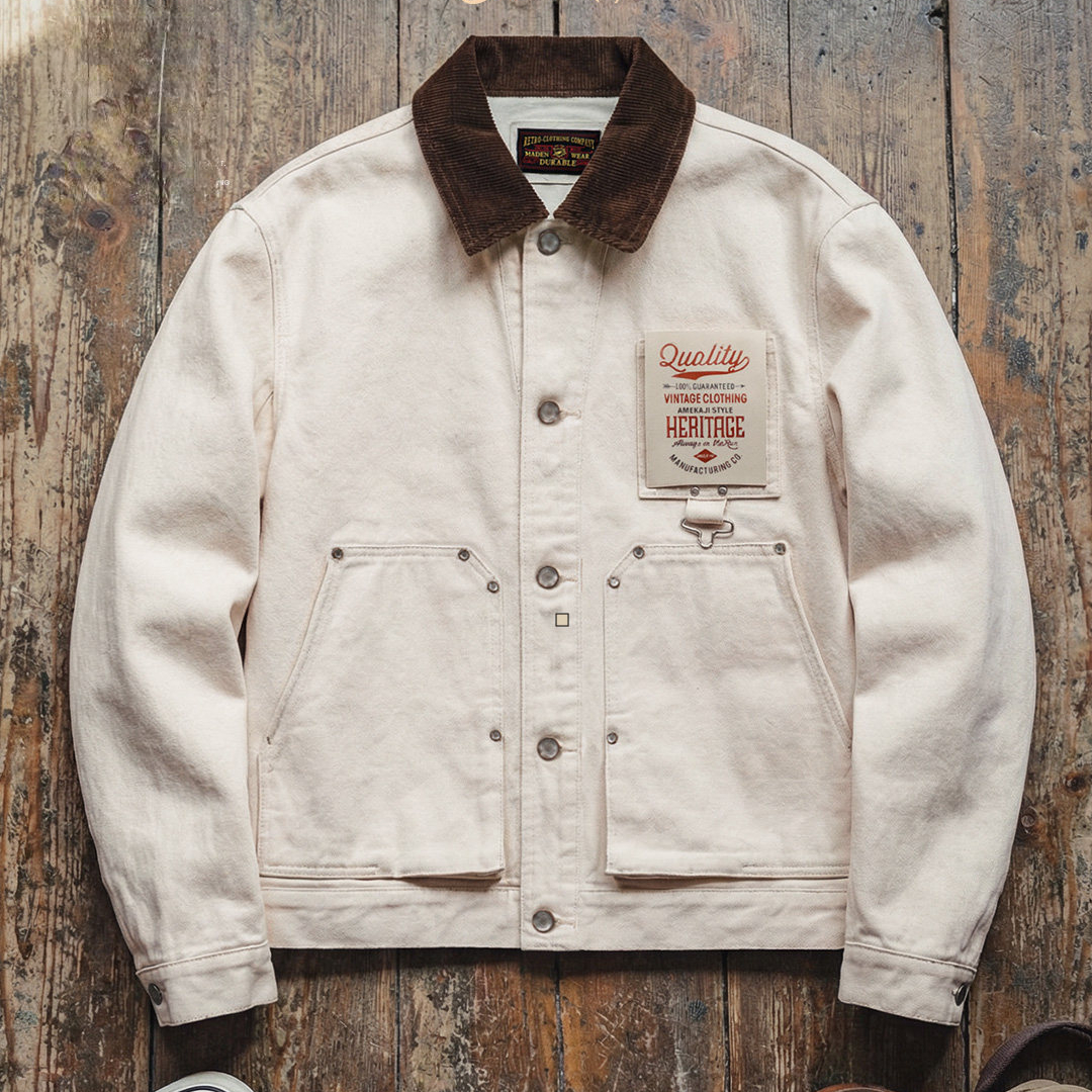 美式棉籽殼J22白色翻領夾克獵裝法式燈芯絨領外套男款春