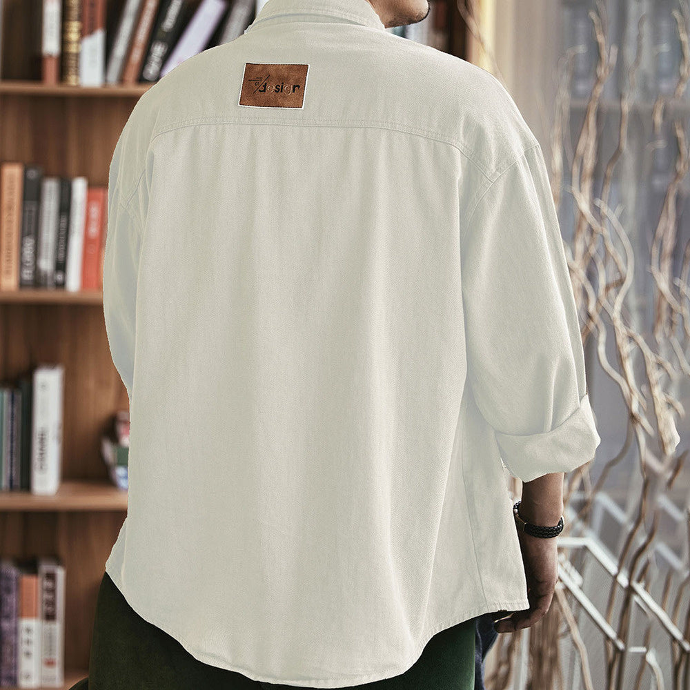 美式米白色工裝襯衫男士春秋新款寬松休閑上衣潮牌長袖襯衣男