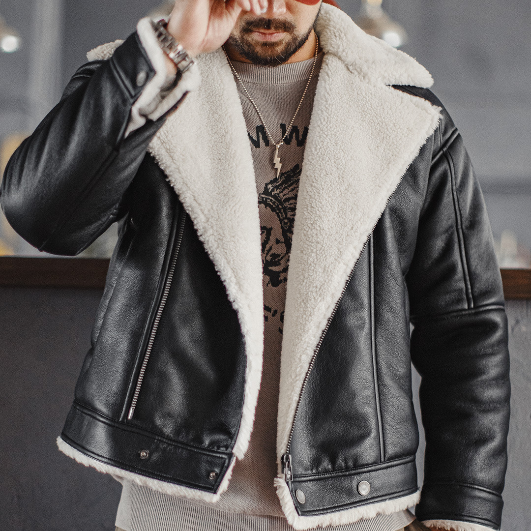 美式G1飛行服夾克bomber仿羊羔絨荔枝紋皮衣保暖外套男冬