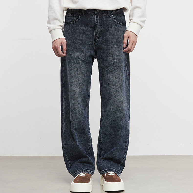復古做舊寬鬆街廓直筒牛仔褲男秋冬休閒闊腿休閒牛仔長褲