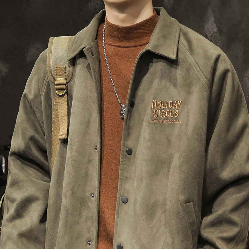 灰綠色鹿皮絨翻領棒球服男士寬松春秋款潮牌380g美式夾克外套