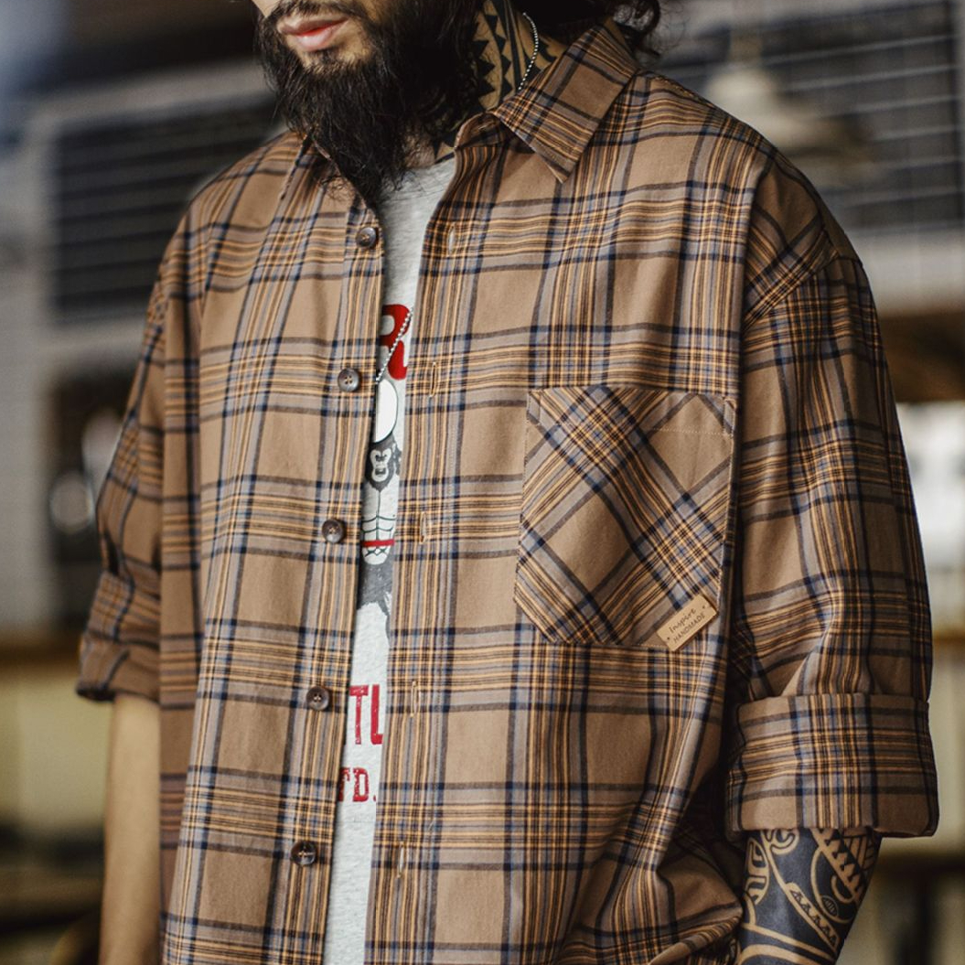 美式復古格子襯衫薄款長袖純棉外套式棕色格紋襯衣男夏秋