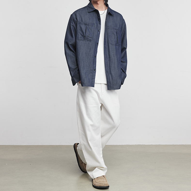 仿牛仔布長袖襯衫壓皺拼接雙貼袋襯衣男士新款春季休閒薄外套