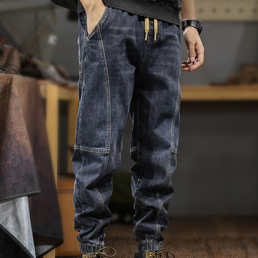 美式復古潮牌水洗束腳牛仔褲男寬松大碼百搭秋冬款工裝休閑褲