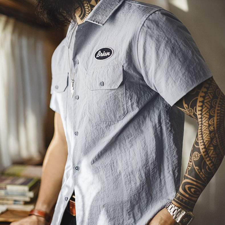 美式復古速度與激情同款古巴領襯衫硬漢vintage襯衣男夏