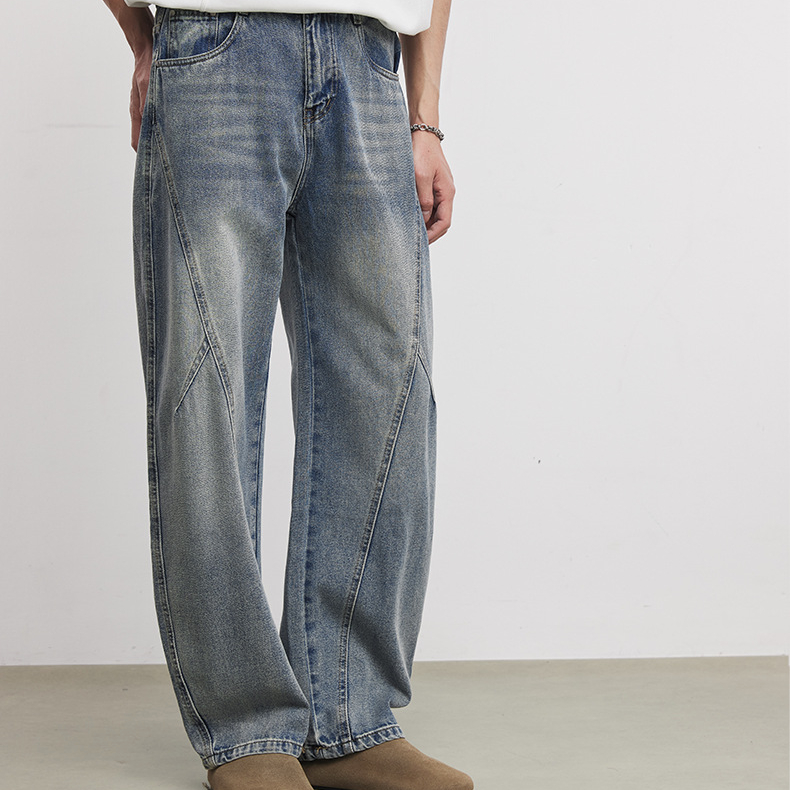 美式潮流復古水洗彎刀牛仔褲春季男士立體裁剪百搭寬鬆闊腿褲