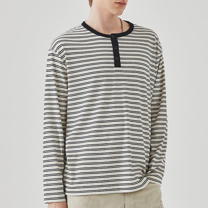 撞色條紋長袖男T恤春季新款潮牌寬鬆圓領內搭上衣打底衫