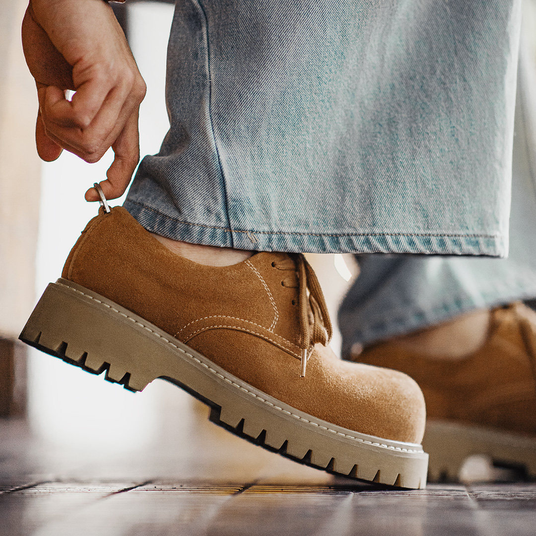 棕色德比大黃靴子低幫厚底美式增高通勤工裝大圓頭皮鞋男款