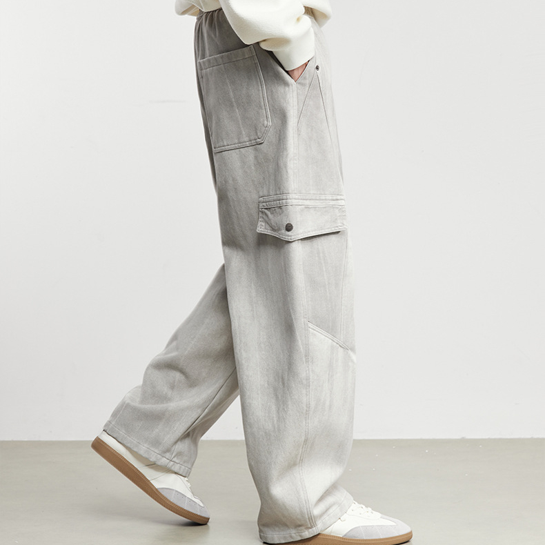 素韻加絨彎刀牛仔褲工裝褲男秋冬季新款寬鬆闊腿保暖褲子