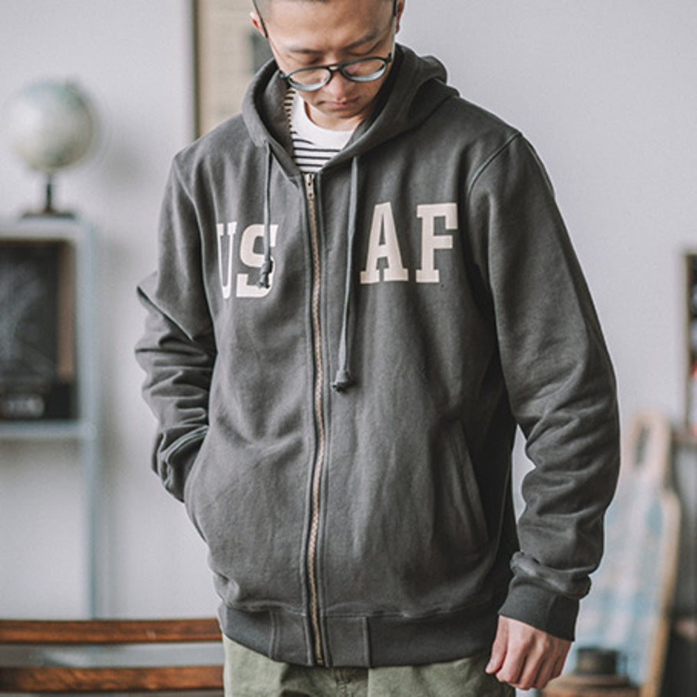 連帽美式開衫衛衣阿美咔叽軍風印花工裝加厚外套拉鏈帽衫