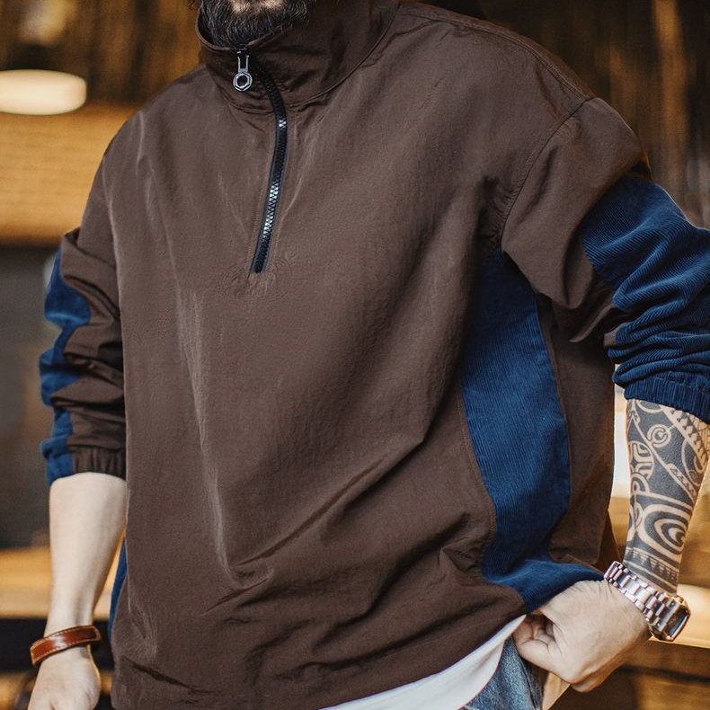 美式復古拼接半拉鍊夾克翻領撞色戶外燈芯絨褶皺衛衣男春