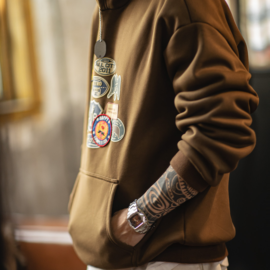 美式棕色徽章刺繡連帽衛衣加絨針織美拉德寬鬆外套男秋冬