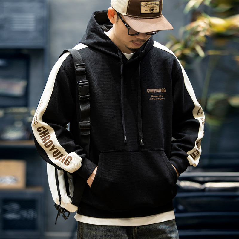 360g美式撞色長袖衛衣男秋季寬松潮牌大碼連帽上衣男休閑外套