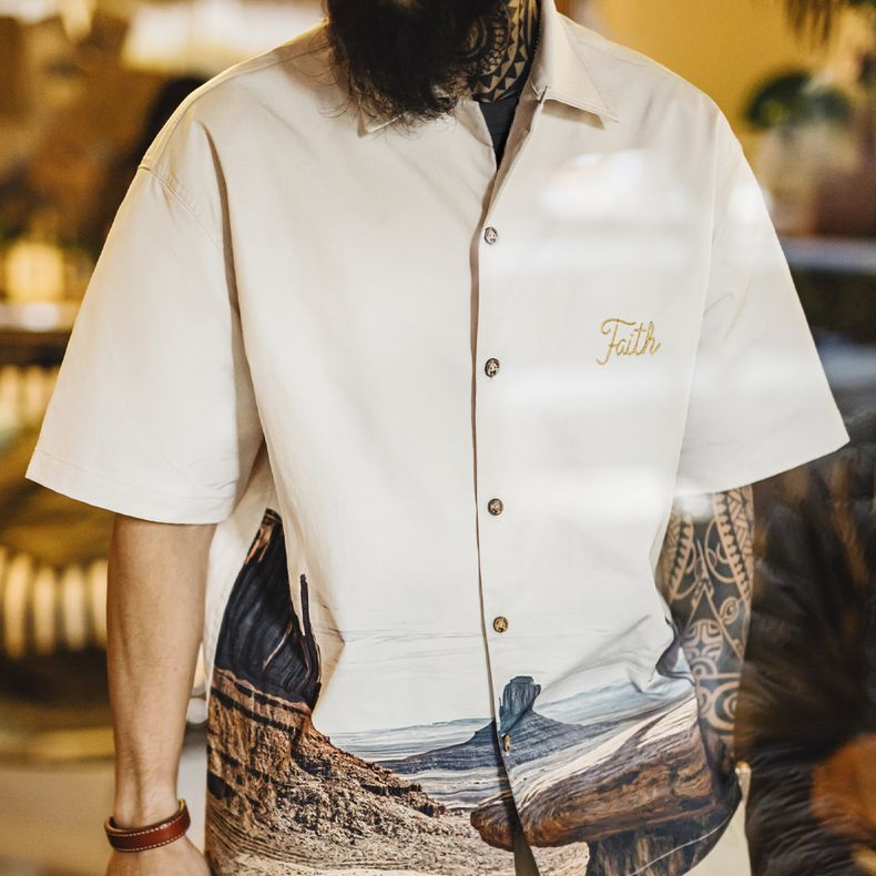 美式復古紀念碑谷古巴領襯衫短袖印花vintage襯衣男春夏