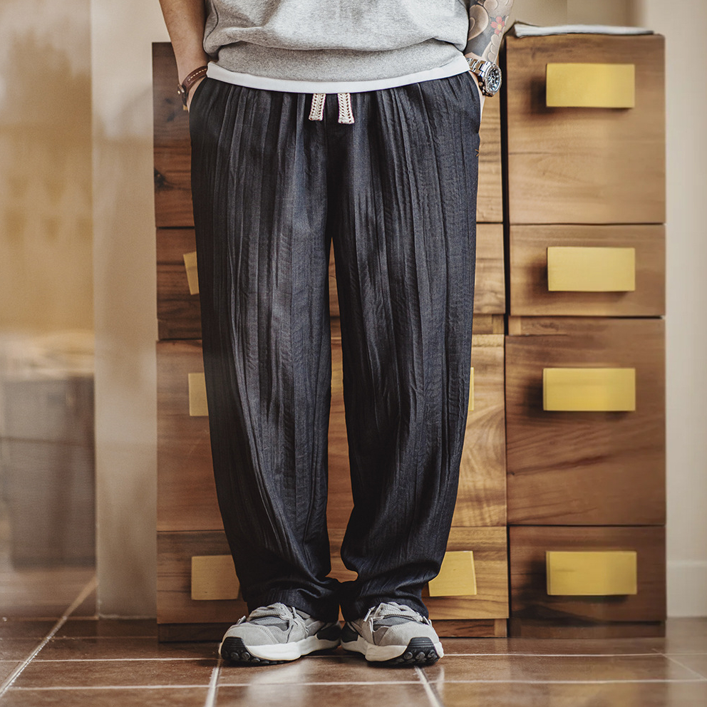 美式休閒水波紋褶皺坐禪褲日系鬆弛cityboy休閒褲男春夏