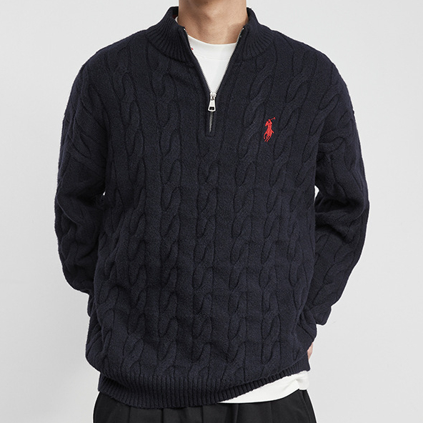 潮藏秋冬季老錢刺繡麻花肌理感2025男士針織半開高領毛衣