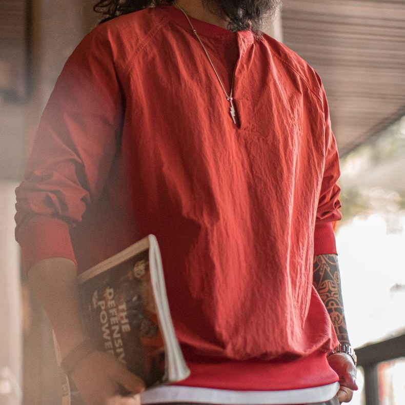 美式復古棒球領衛衣新年紅色上衣寬鬆套頭衫圓領T恤男春