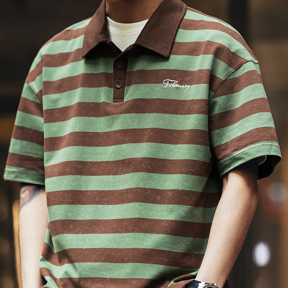 復古紮染條紋珠地Polo衫男夏季翻領短袖潮牌半袖T恤男