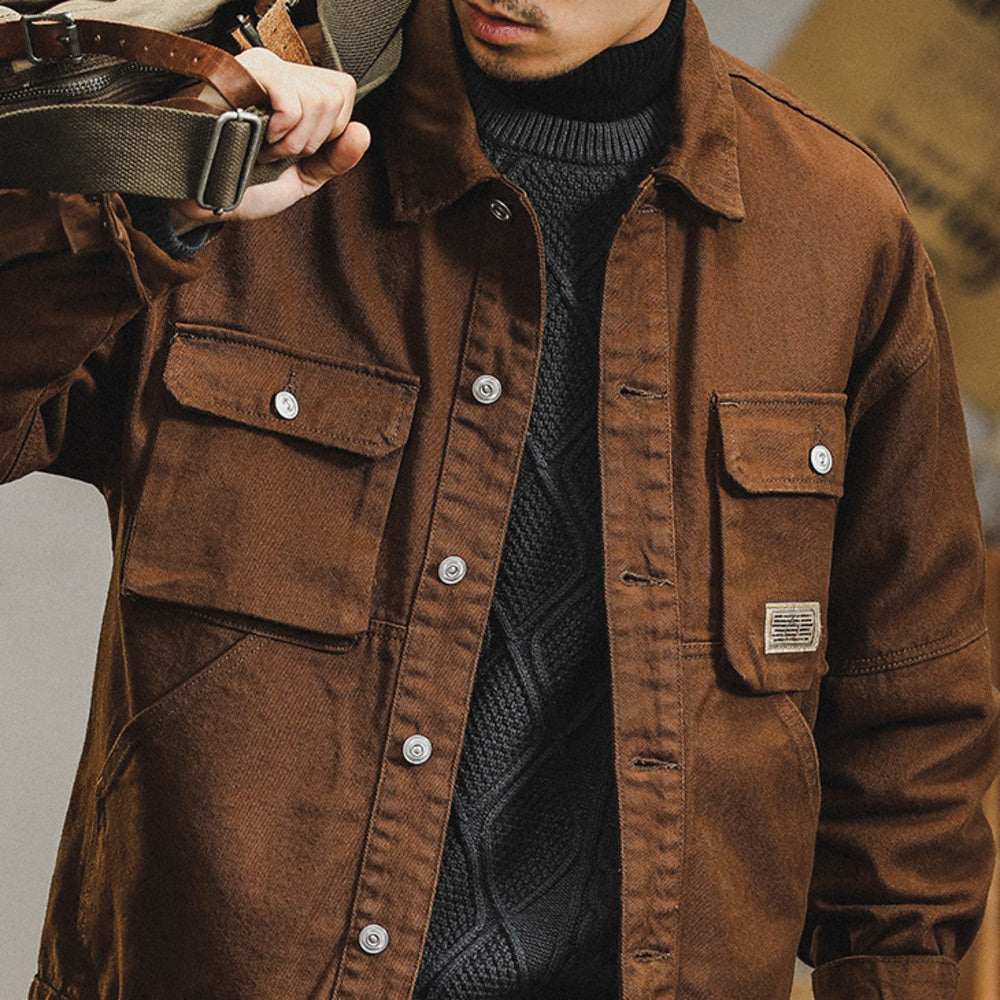 美式復古多口袋工裝夾克男翻領春秋款潮牌牛仔外套男寬松純棉