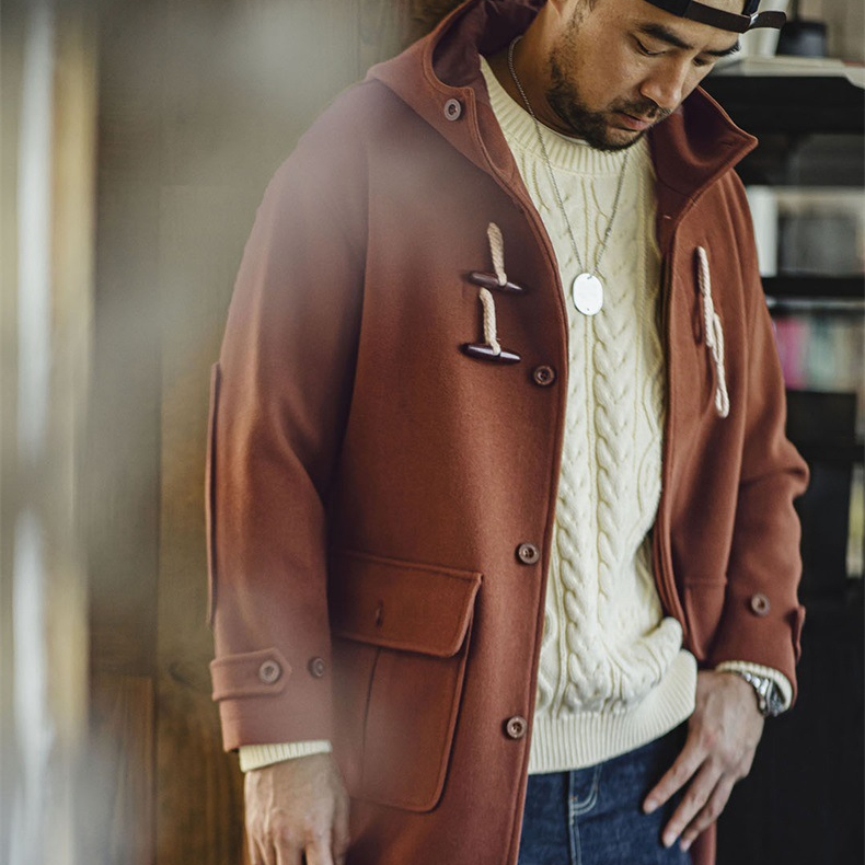 美式復古牛角扣連帽毛呢大衣學院風寬鬆長款外套男女秋冬